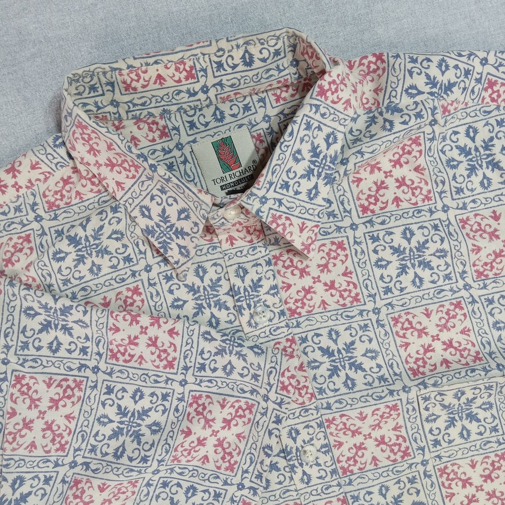Tori Richard Shirt Mens Large Blue Red Floral Geometric Hawaiian Print Button Up